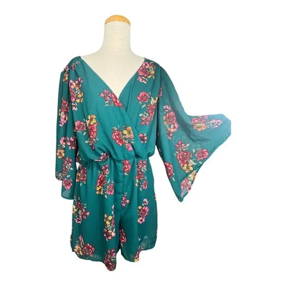 Bailey Blue Womens Floral Romper Shorts Teal Flowy  XL - Picture 4 of 9